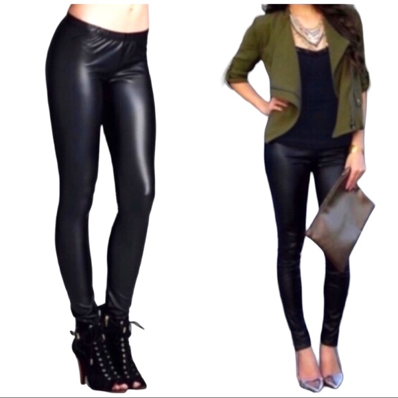 Mid-Rise Black Matte Faux Leather Shiny Leggings! - Picture 6 of 10